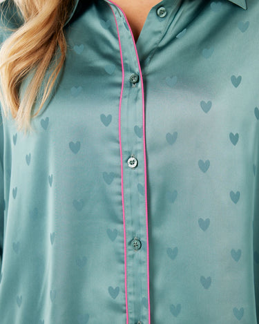 Teal Jacquard Heart Satin Oversized Button Up Long Pyjama Set